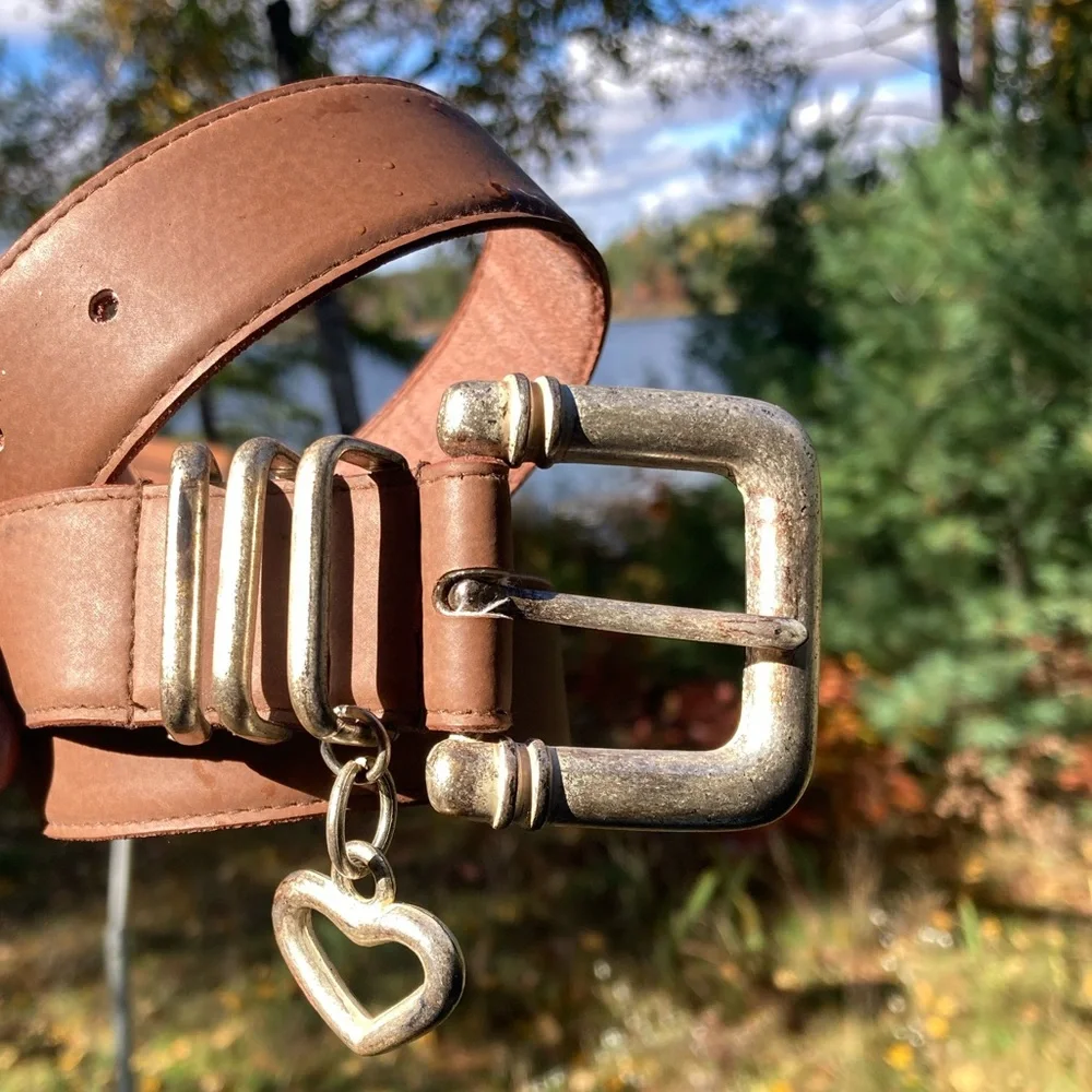 Boho Belt EVAN PICONE Silver Heart Vintage Retro Leather Light Brown Size Small